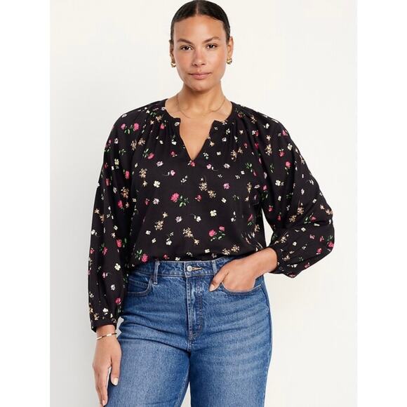 NWT black long sleeve micro floral top Old Navy Plus 3X peasant casual cottage - Picture 1 of 12